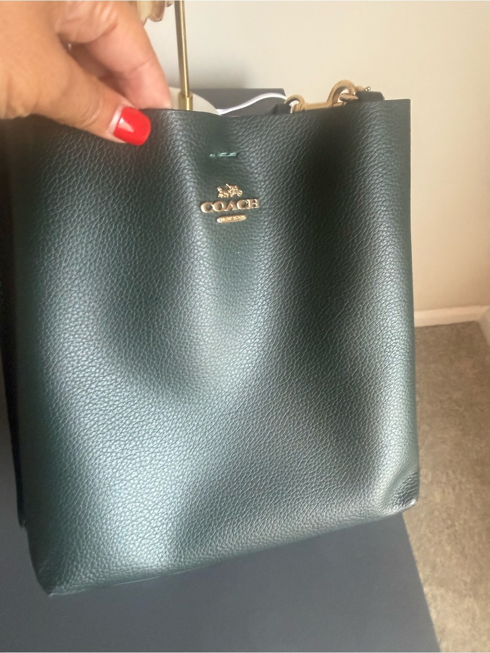 Coach Pebbled Leather Tote in Forest Green with Gold Hardware